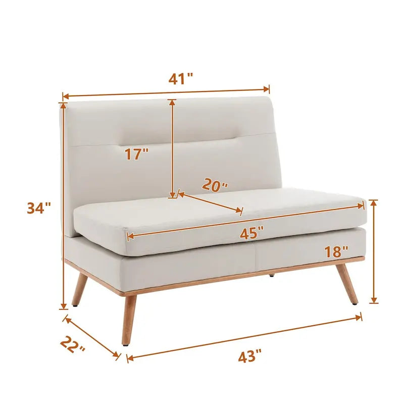 Grey / Beige Armless Loveseat Sofa, Faux Leather, 2-Seater