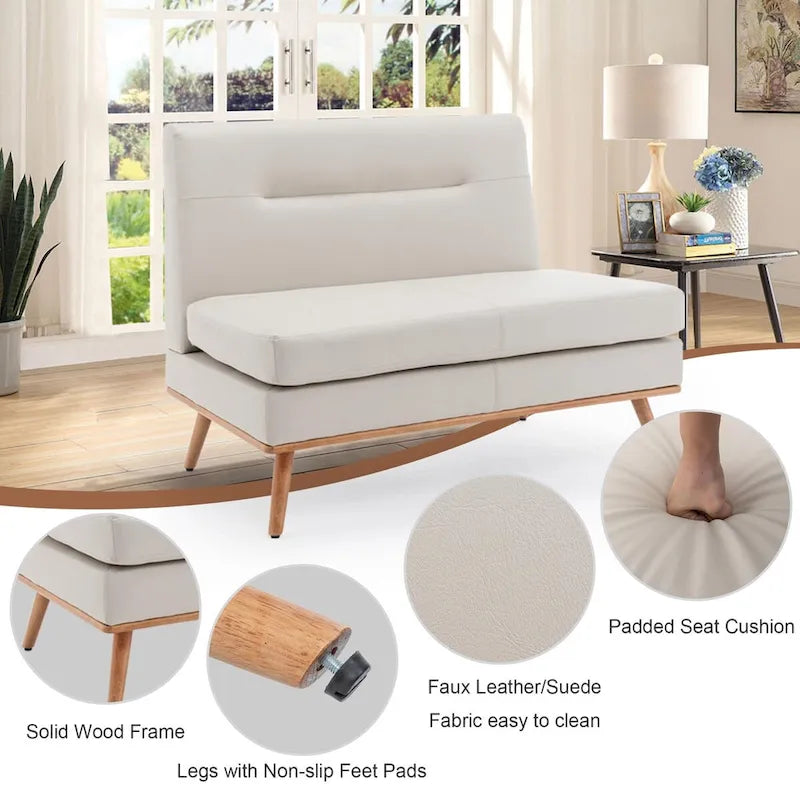 Grey / Beige Armless Loveseat Sofa, Faux Leather, 2-Seater