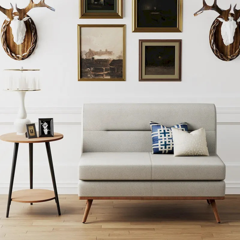 Grey / Beige Armless Loveseat Sofa, Faux Leather, 2-Seater