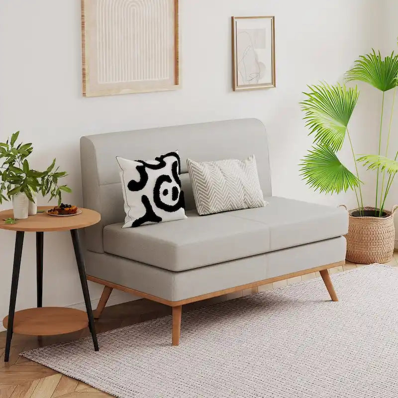 Grey / Beige Armless Loveseat Sofa, Faux Leather, 2-Seater