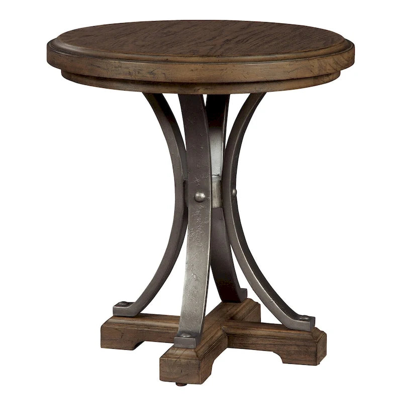 Brown Wood Top Chairside End Table with Pewter Metal Legs