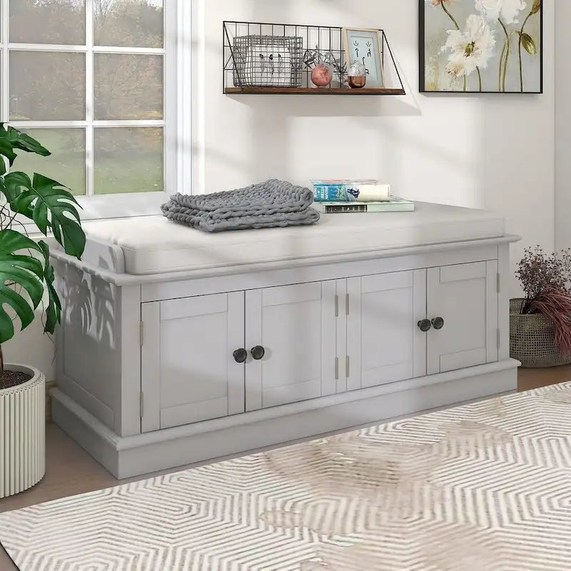 Espresso/White/Gray Wash/Antique Navy Upholstered Storage Bench with 4 Doors, 2-Person Seat