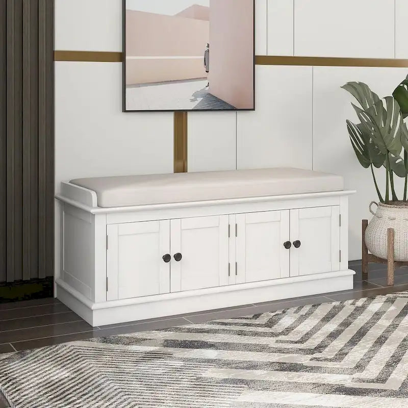 Espresso/White/Gray Wash/Antique Navy Upholstered Storage Bench with 4 Doors, 2-Person Seat