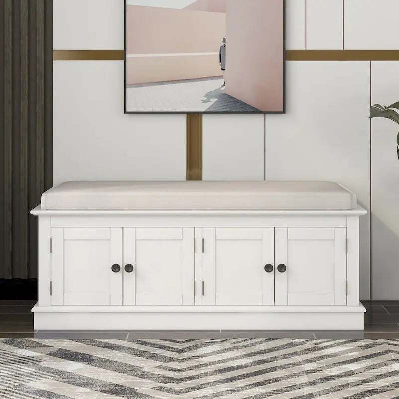 Espresso/White/Gray Wash/Antique Navy Upholstered Storage Bench with 4 Doors, 2-Person Seat