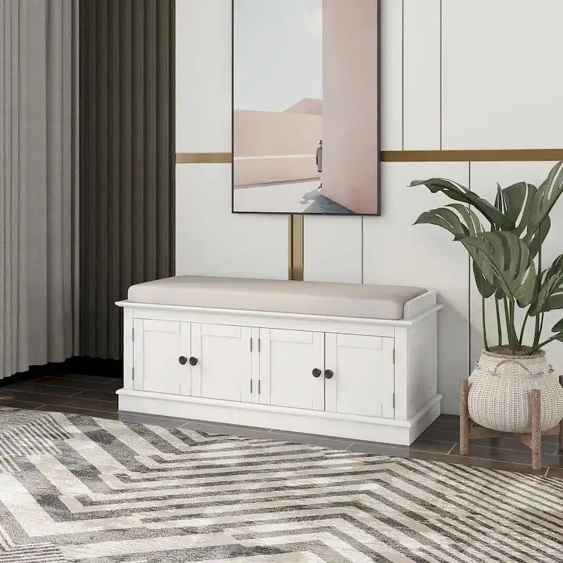 Espresso/White/Gray Wash/Antique Navy Upholstered Storage Bench with 4 Doors, 2-Person Seat