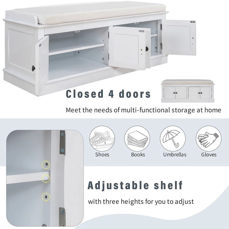 Espresso/White/Gray Wash/Antique Navy Upholstered Storage Bench with 4 Doors, 2-Person Seat