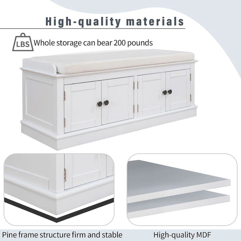 Espresso/White/Gray Wash/Antique Navy Upholstered Storage Bench with 4 Doors, 2-Person Seat
