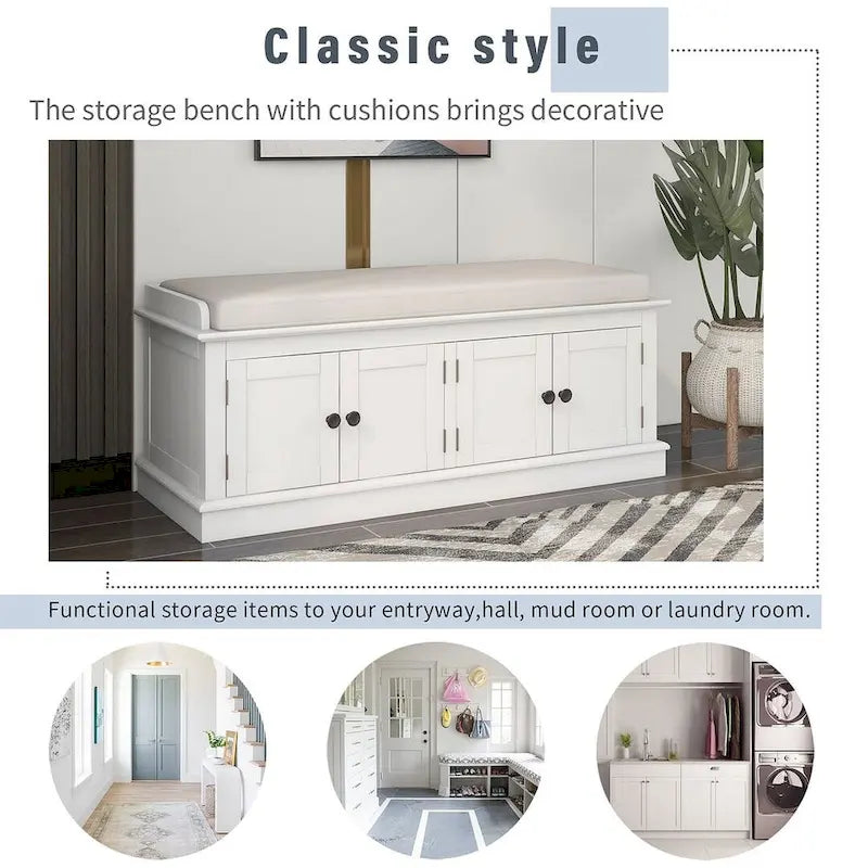 Espresso/White/Gray Wash/Antique Navy Upholstered Storage Bench with 4 Doors, 2-Person Seat
