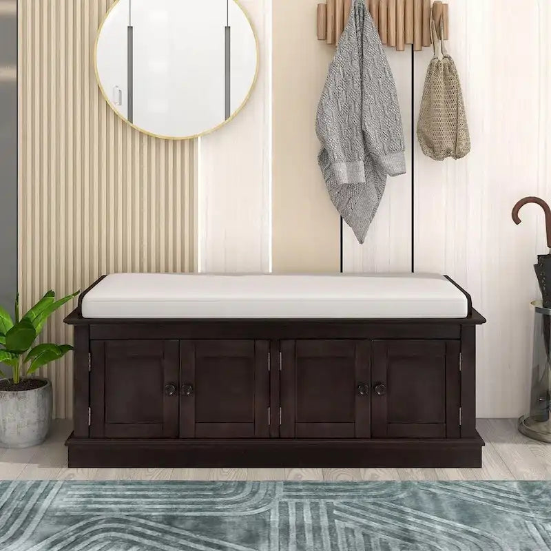 Espresso/White/Gray Wash/Antique Navy Upholstered Storage Bench with 4 Doors, 2-Person Seat