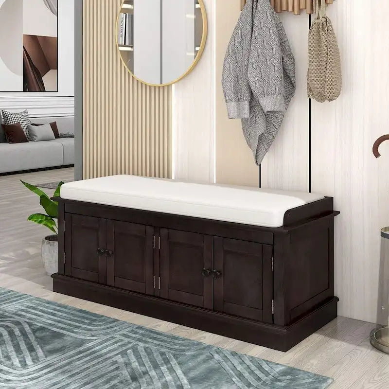 Espresso/White/Gray Wash/Antique Navy Upholstered Storage Bench with 4 Doors, 2-Person Seat