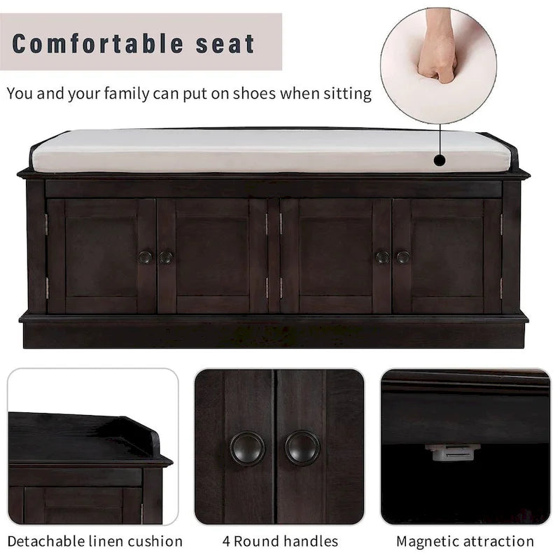 Espresso/White/Gray Wash/Antique Navy Upholstered Storage Bench with 4 Doors, 2-Person Seat