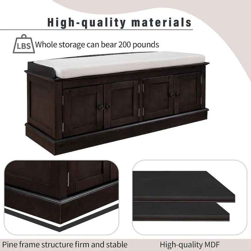 Espresso/White/Gray Wash/Antique Navy Upholstered Storage Bench with 4 Doors, 2-Person Seat