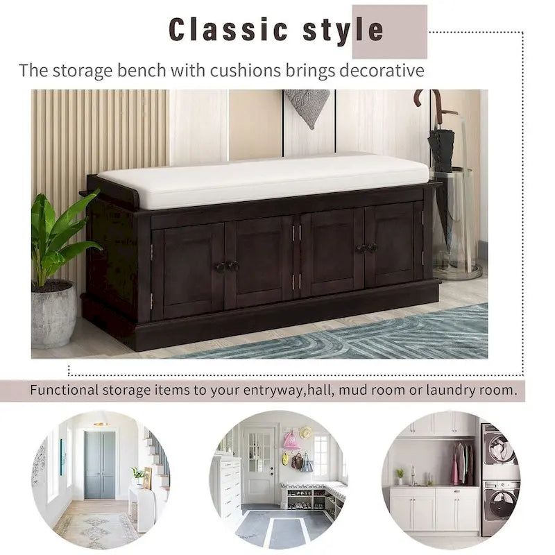 Espresso/White/Gray Wash/Antique Navy Upholstered Storage Bench with 4 Doors, 2-Person Seat