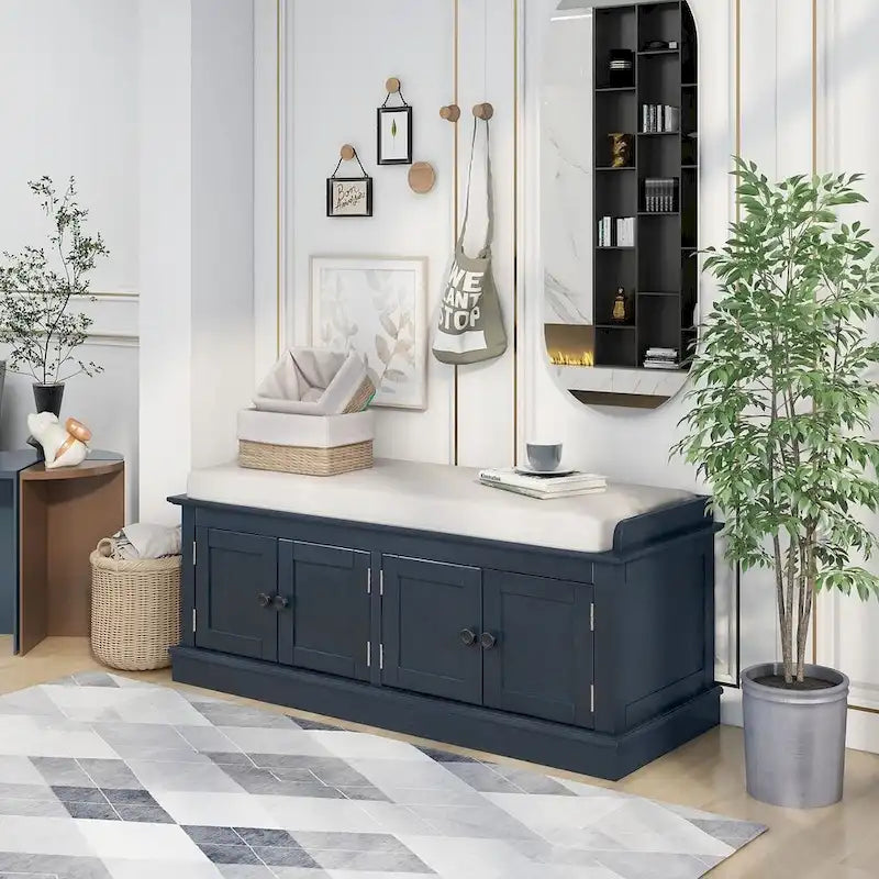 Espresso/White/Gray Wash/Antique Navy Upholstered Storage Bench with 4 Doors, 2-Person Seat