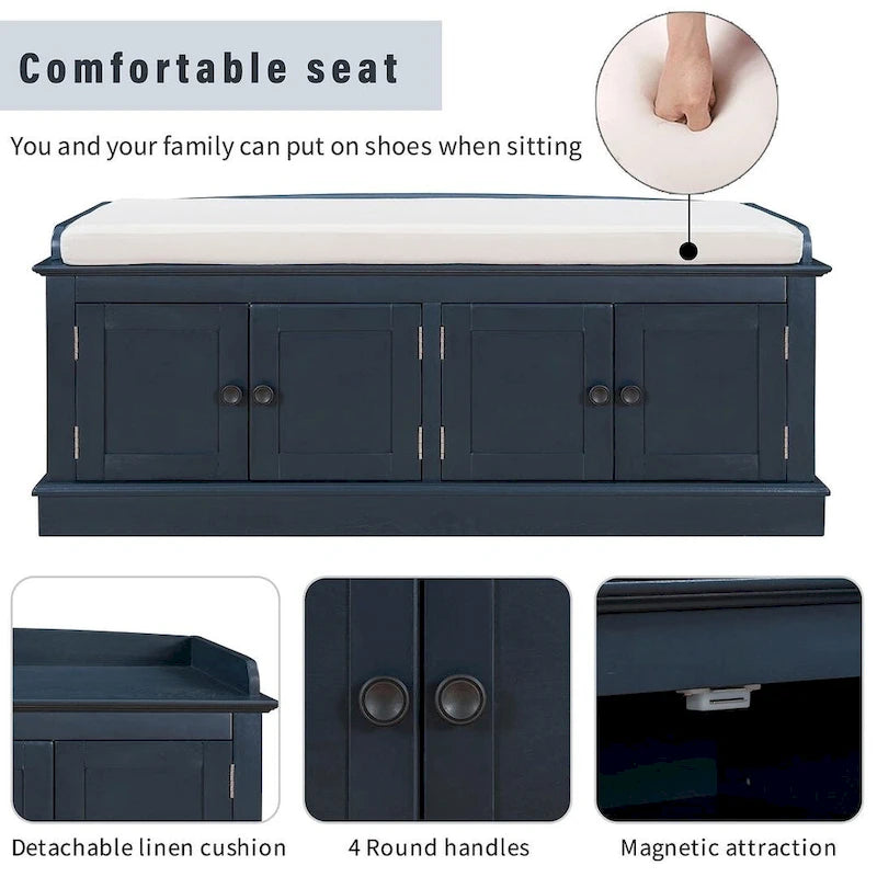 Espresso/White/Gray Wash/Antique Navy Upholstered Storage Bench with 4 Doors, 2-Person Seat
