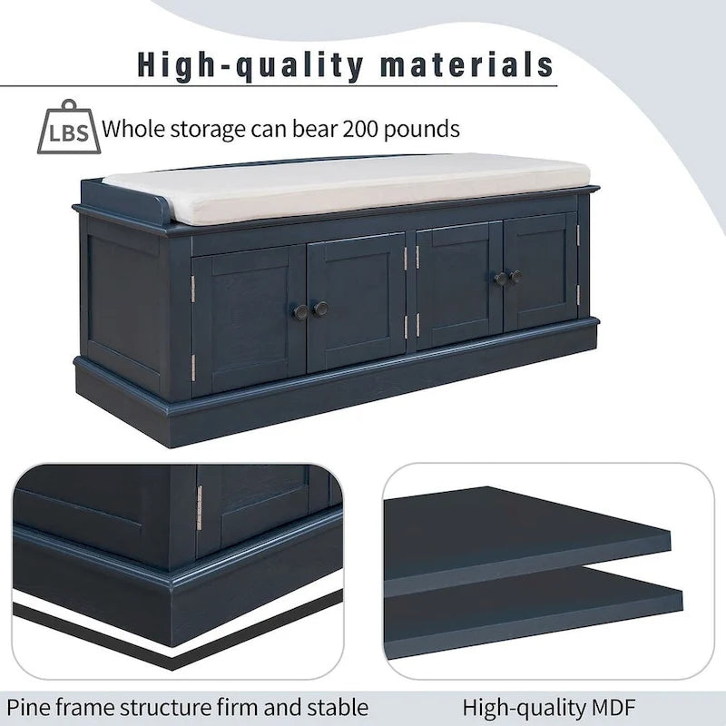Espresso/White/Gray Wash/Antique Navy Upholstered Storage Bench with 4 Doors, 2-Person Seat