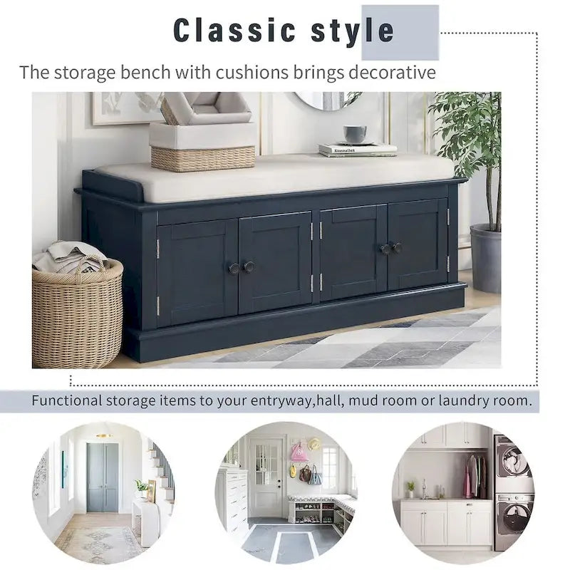 Espresso/White/Gray Wash/Antique Navy Upholstered Storage Bench with 4 Doors, 2-Person Seat
