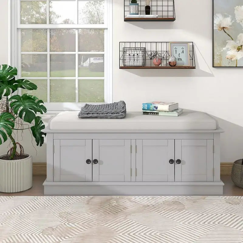 Espresso/White/Gray Wash/Antique Navy Upholstered Storage Bench with 4 Doors, 2-Person Seat