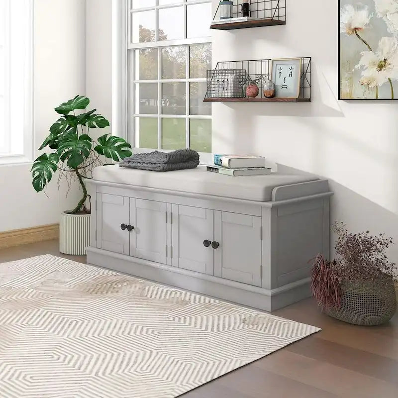 Espresso/White/Gray Wash/Antique Navy Upholstered Storage Bench with 4 Doors, 2-Person Seat