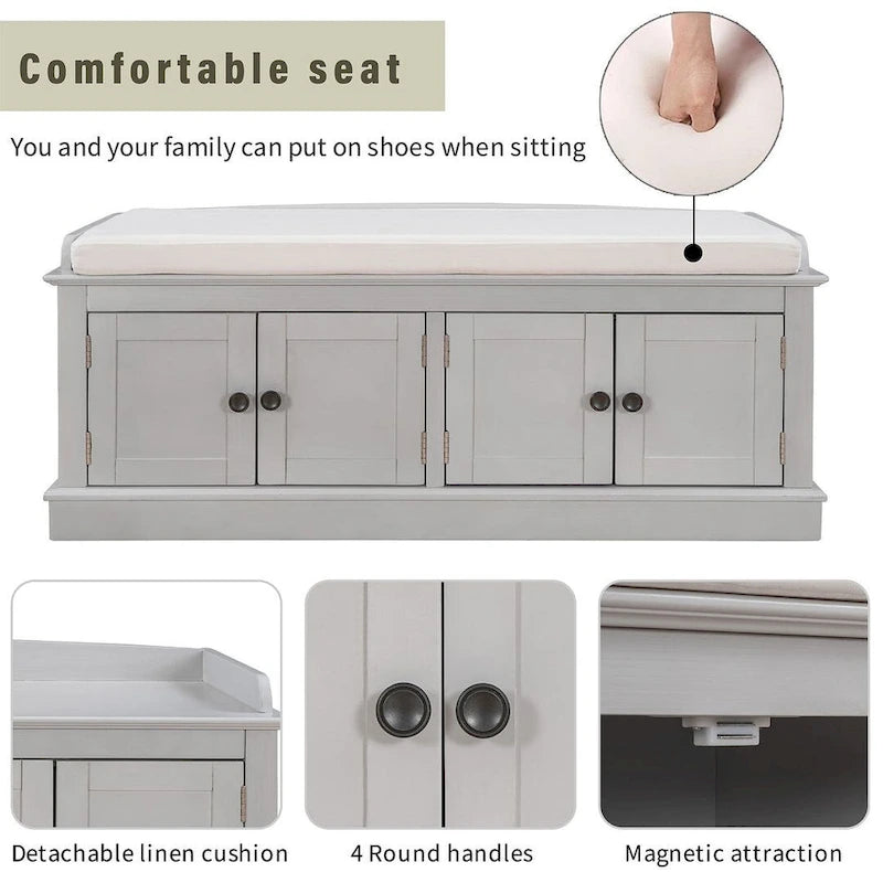 Espresso/White/Gray Wash/Antique Navy Upholstered Storage Bench with 4 Doors, 2-Person Seat