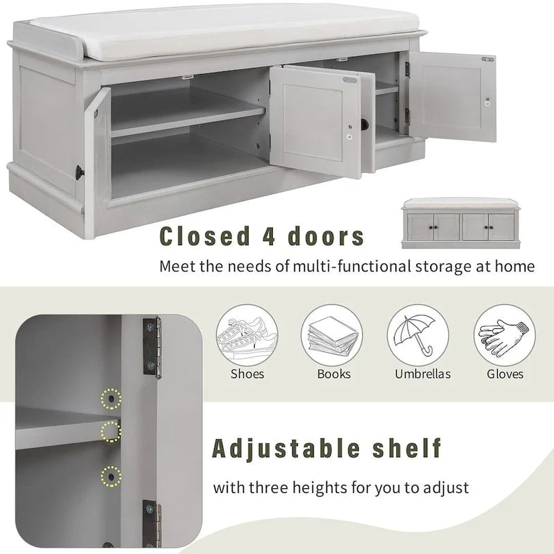 Espresso/White/Gray Wash/Antique Navy Upholstered Storage Bench with 4 Doors, 2-Person Seat