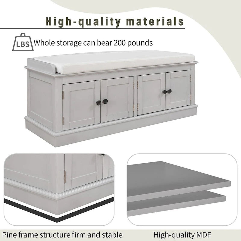 Espresso/White/Gray Wash/Antique Navy Upholstered Storage Bench with 4 Doors, 2-Person Seat