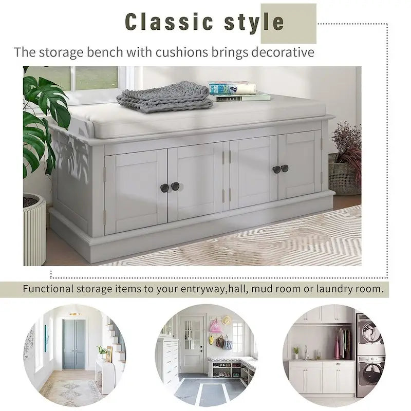 Espresso/White/Gray Wash/Antique Navy Upholstered Storage Bench with 4 Doors, 2-Person Seat