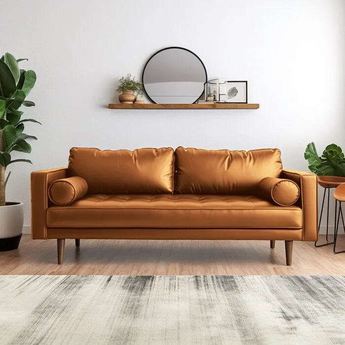 Black/Brown/White Tufted Faux Leather Sofa, Mid-Century Style, 2-Seater