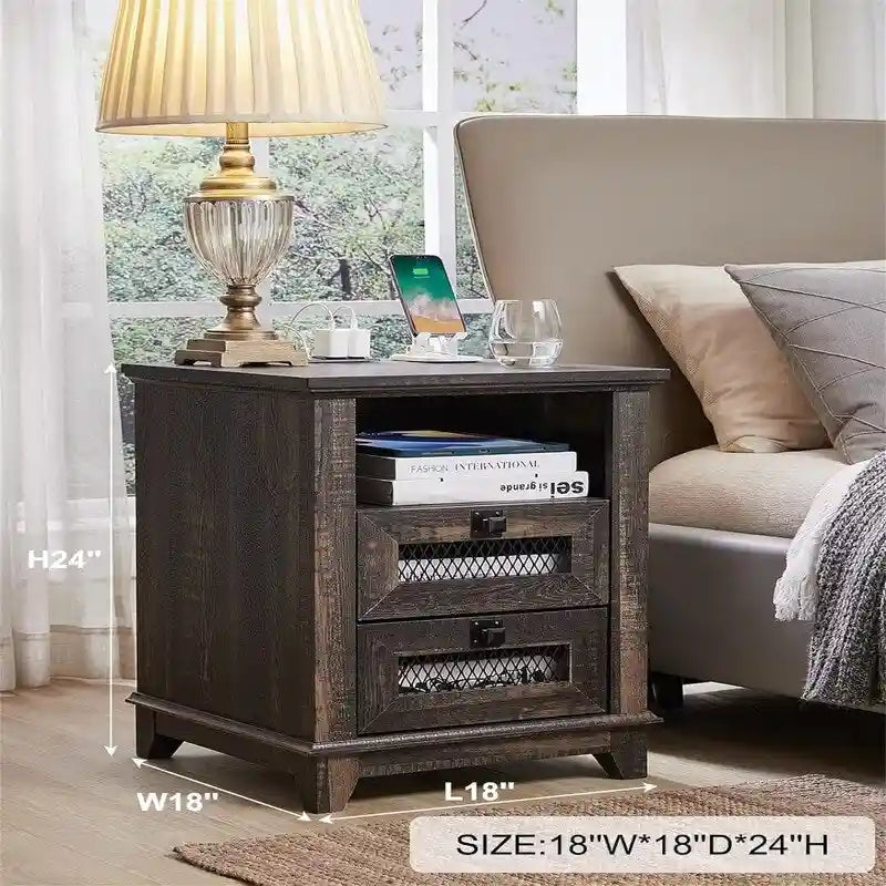Antique White/Oak/Barnwood Farmhouse 2-Drawer Nightstand, 1-Person Use