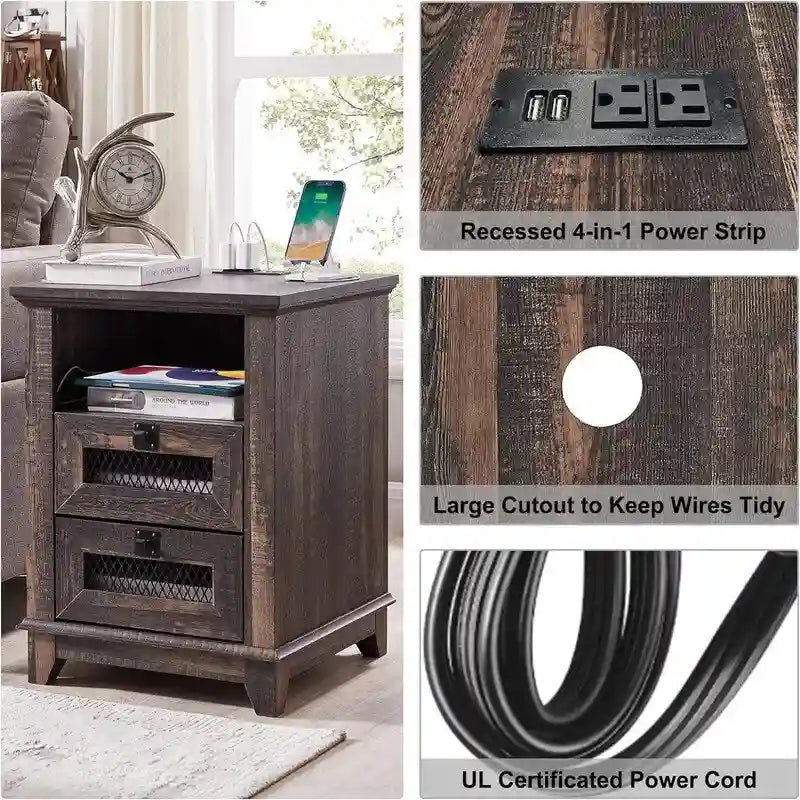 Antique White/Oak/Barnwood Farmhouse 2-Drawer Nightstand, 1-Person Use