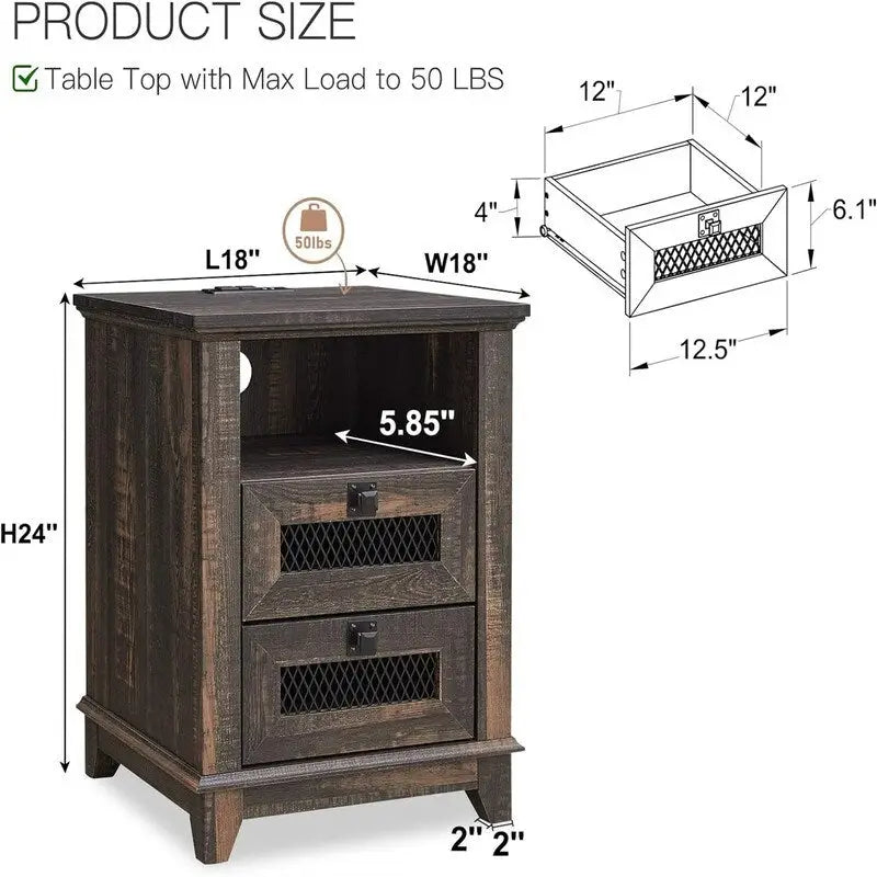 Antique White/Oak/Barnwood Farmhouse 2-Drawer Nightstand, 1-Person Use