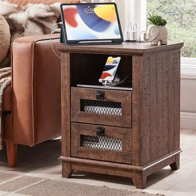 Antique White/Oak/Barnwood Farmhouse 2-Drawer Nightstand, 1-Person Use