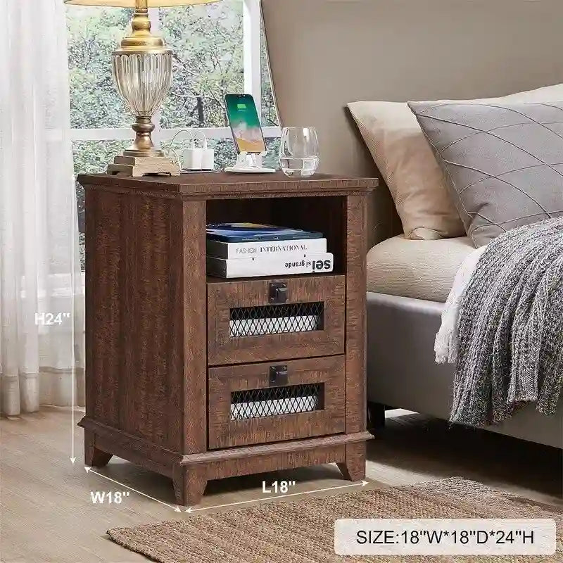 Antique White/Oak/Barnwood Farmhouse 2-Drawer Nightstand, 1-Person Use