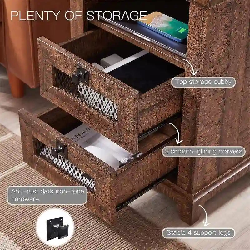 Antique White/Oak/Barnwood Farmhouse 2-Drawer Nightstand, 1-Person Use
