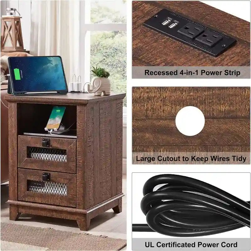 Antique White/Oak/Barnwood Farmhouse 2-Drawer Nightstand, 1-Person Use