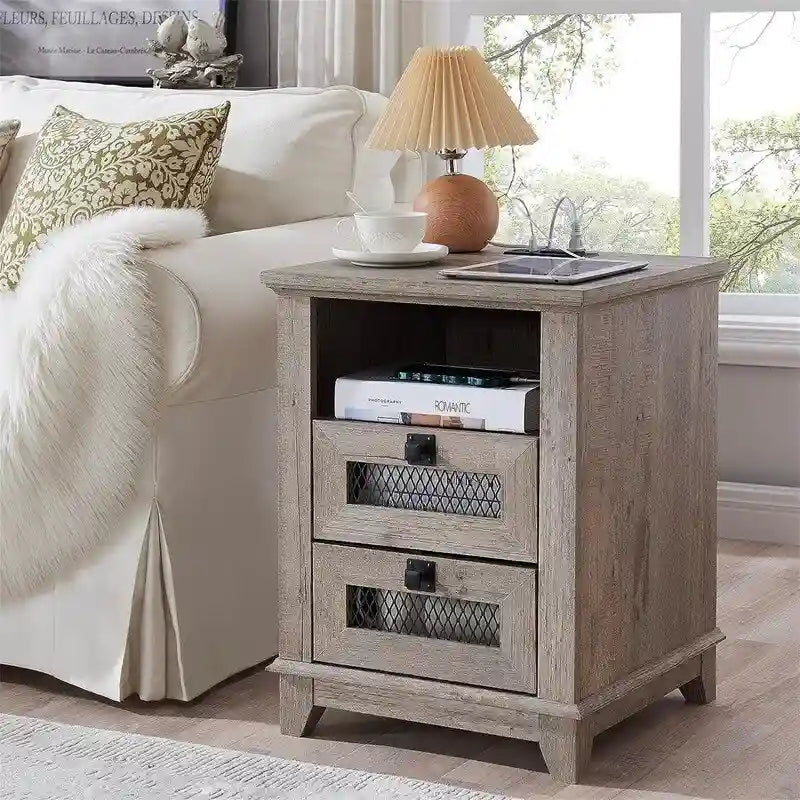 Antique White/Oak/Barnwood Farmhouse 2-Drawer Nightstand, 1-Person Use