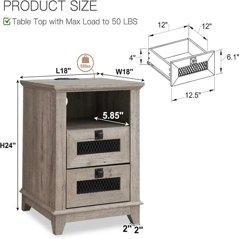 Antique White/Oak/Barnwood Farmhouse 2-Drawer Nightstand, 1-Person Use