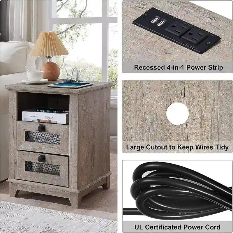 Antique White/Oak/Barnwood Farmhouse 2-Drawer Nightstand, 1-Person Use
