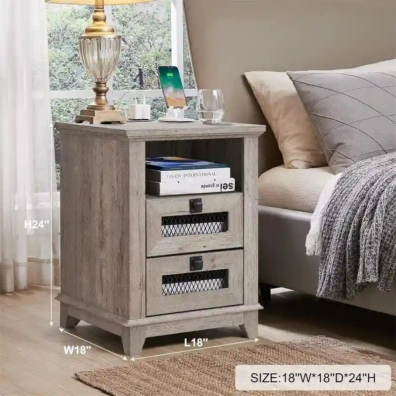 Antique White/Oak/Barnwood Farmhouse 2-Drawer Nightstand, 1-Person Use