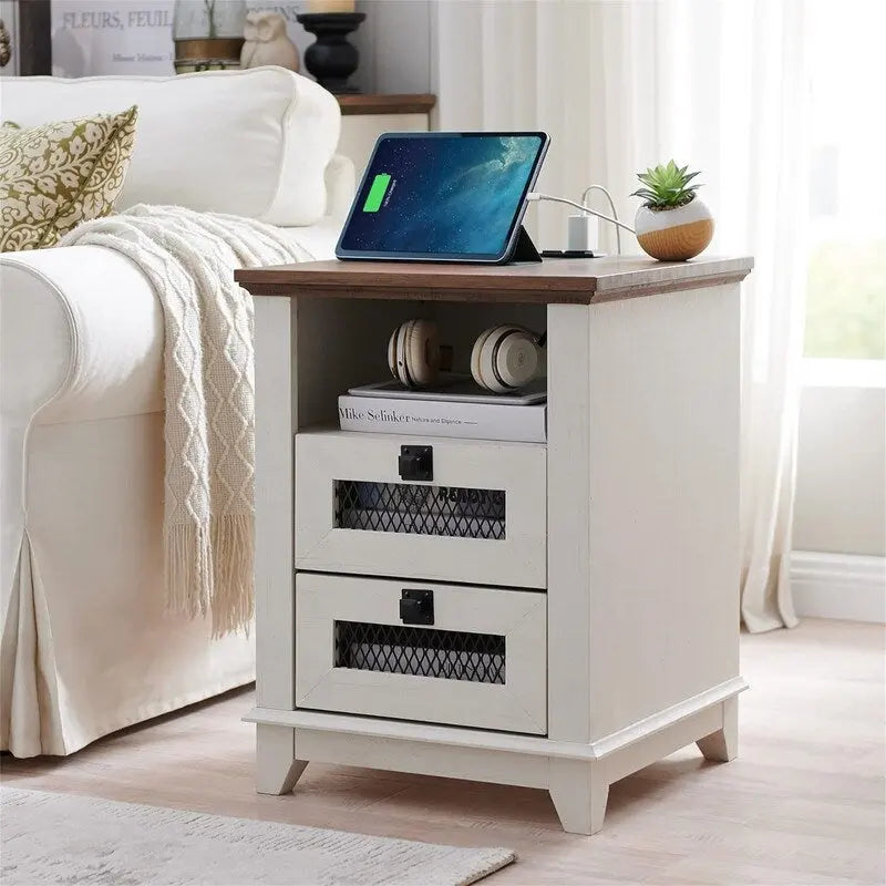 Antique White/Oak/Barnwood Farmhouse 2-Drawer Nightstand, 1-Person Use