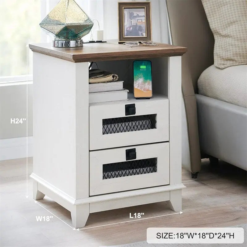 Antique White/Oak/Barnwood Farmhouse 2-Drawer Nightstand, 1-Person Use