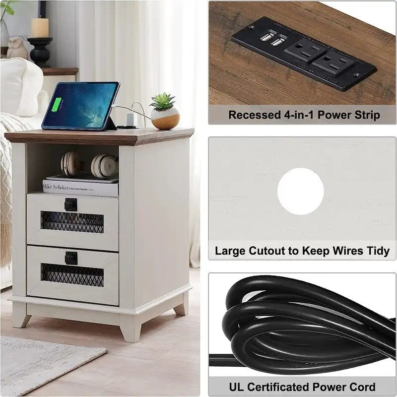 Antique White/Oak/Barnwood Farmhouse 2-Drawer Nightstand, 1-Person Use