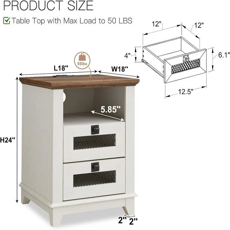 Antique White/Oak/Barnwood Farmhouse 2-Drawer Nightstand, 1-Person Use