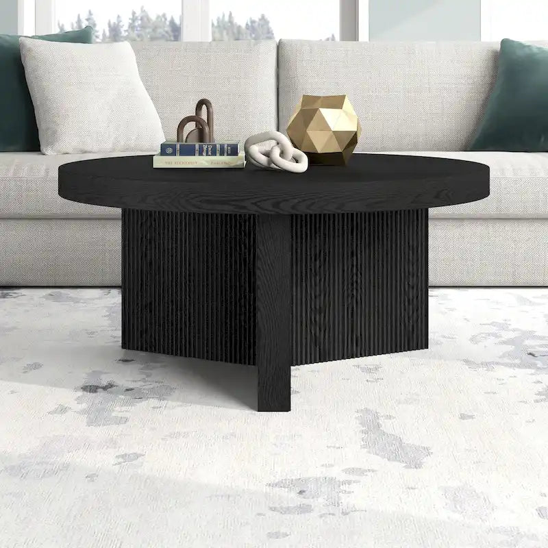 32" Round Coffee Table, Fluted Base, Black Grain / Antiqued Gray Oak / Alder White