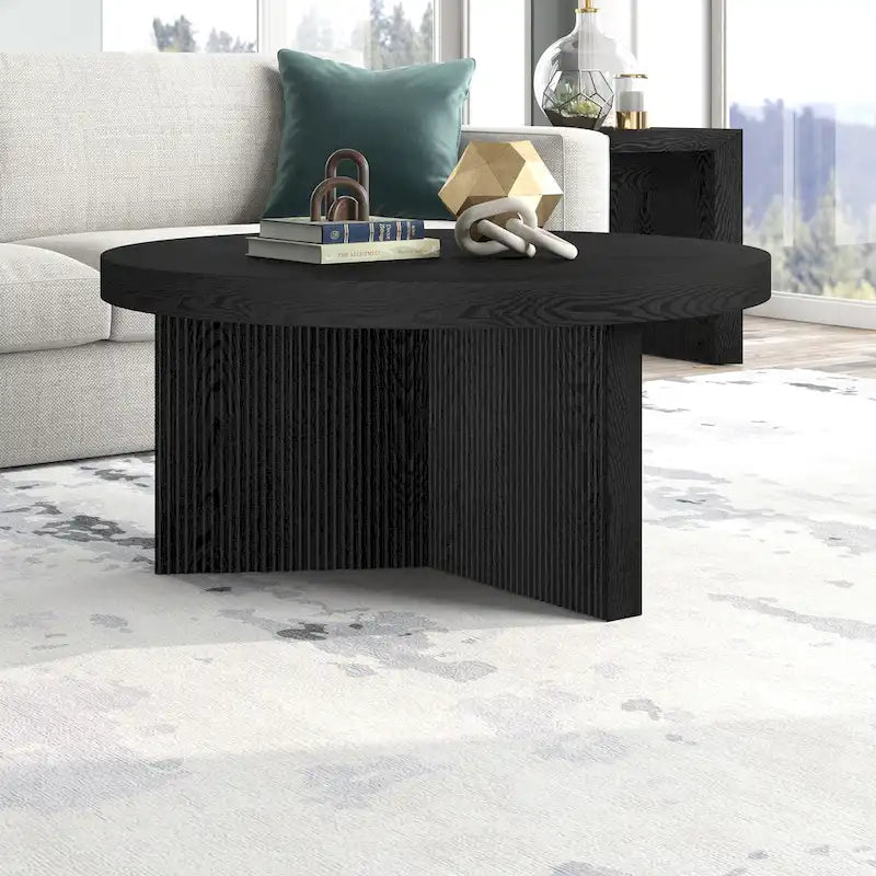 32" Round Coffee Table, Fluted Base, Black Grain / Antiqued Gray Oak / Alder White