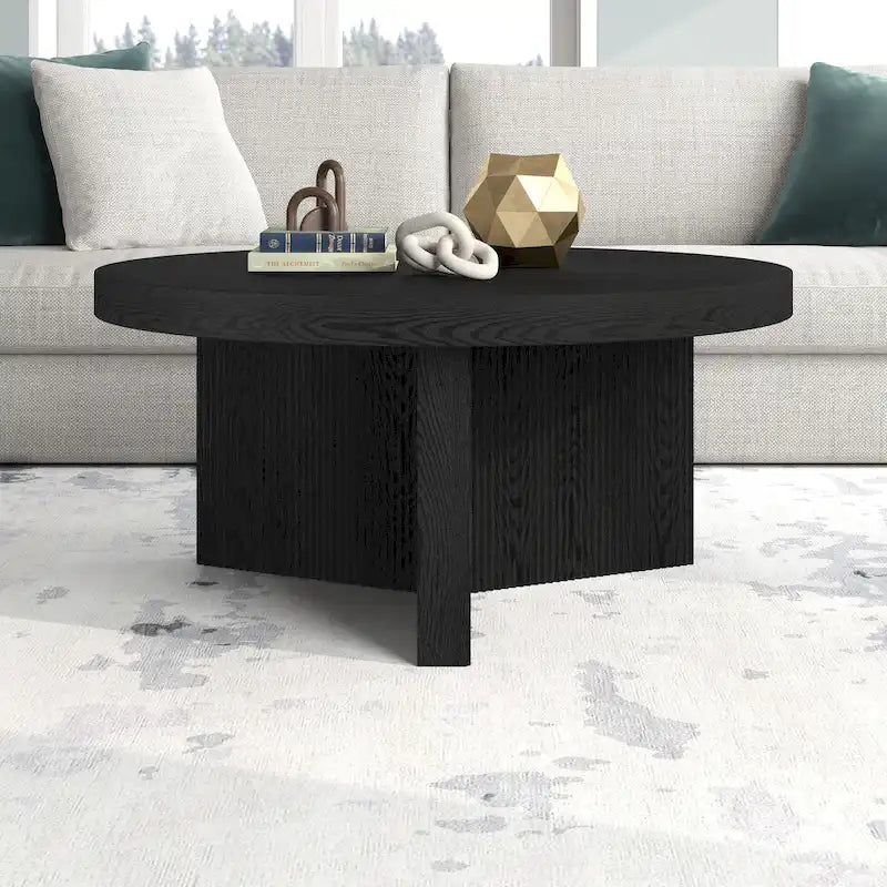 32" Round Coffee Table, Fluted Base, Black Grain / Antiqued Gray Oak / Alder White