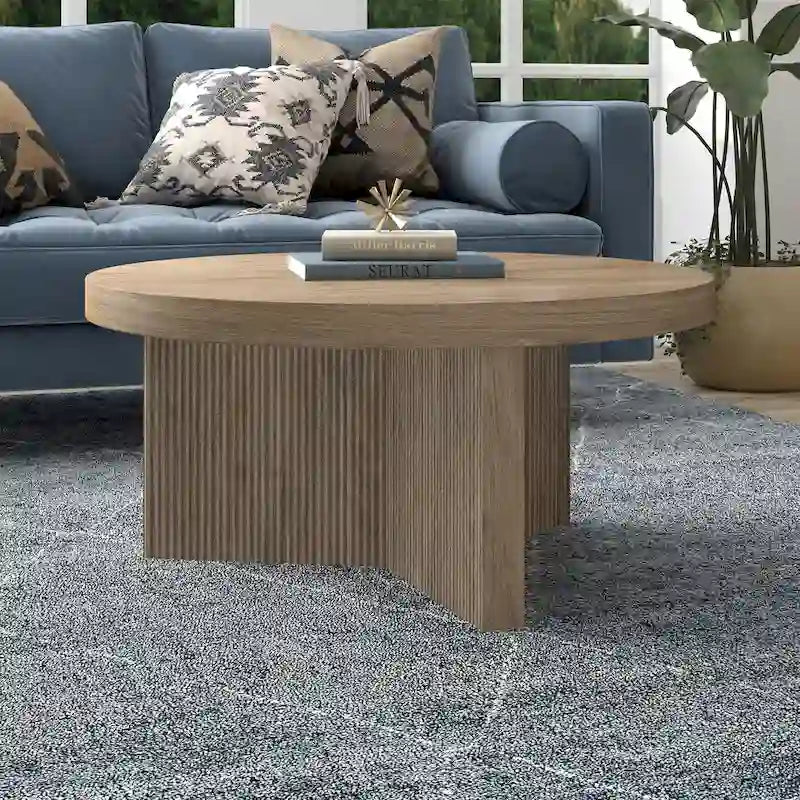 32" Round Coffee Table, Fluted Base, Black Grain / Antiqued Gray Oak / Alder White