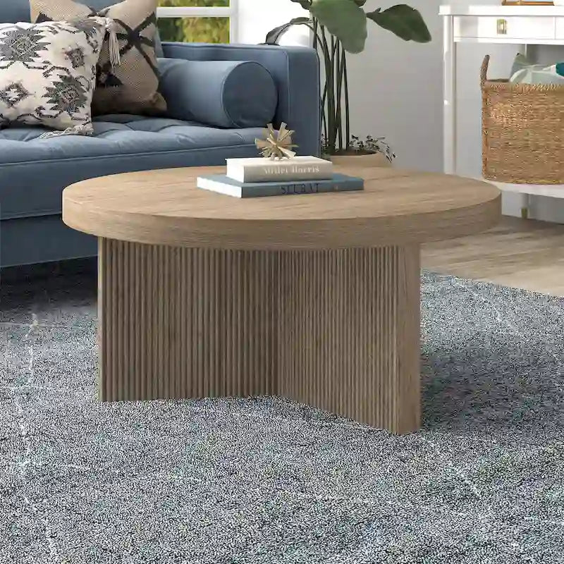 32" Round Coffee Table, Fluted Base, Black Grain / Antiqued Gray Oak / Alder White