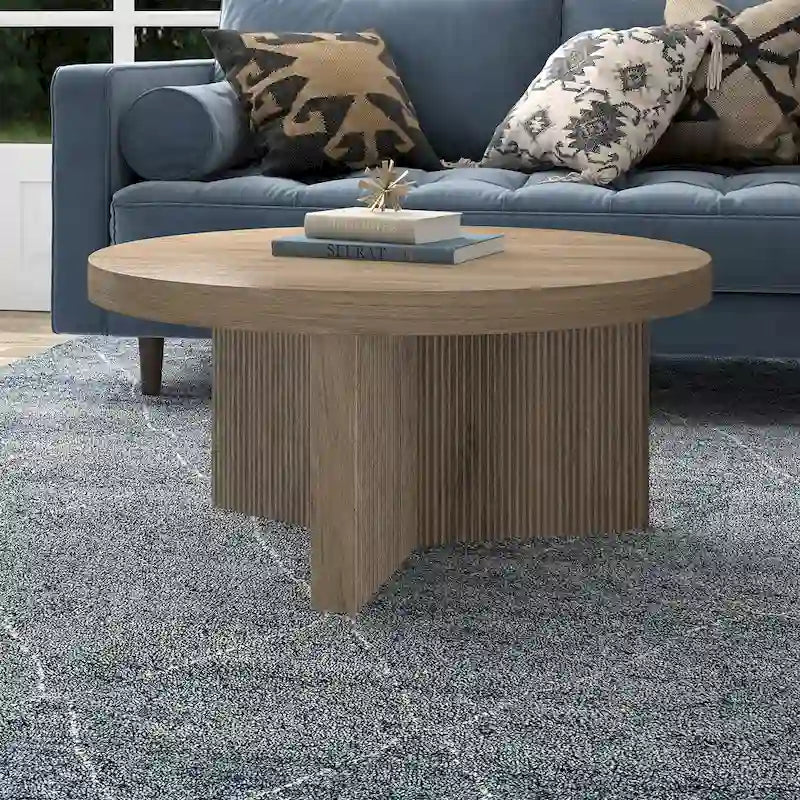 32" Round Coffee Table, Fluted Base, Black Grain / Antiqued Gray Oak / Alder White
