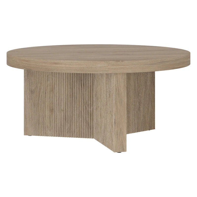 32" Round Coffee Table, Fluted Base, Black Grain / Antiqued Gray Oak / Alder White